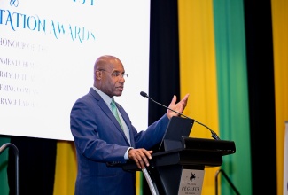 Minister of Industry, Investment and Commerce, Hon. Aubyn Hill, delivers the keynote address during the JANAAC Global Accreditation CEO’s Breakfast and Accreditation Awards, held at The Jamaica Pegasus hotel in New Kingston on Tuesday (August 26).
