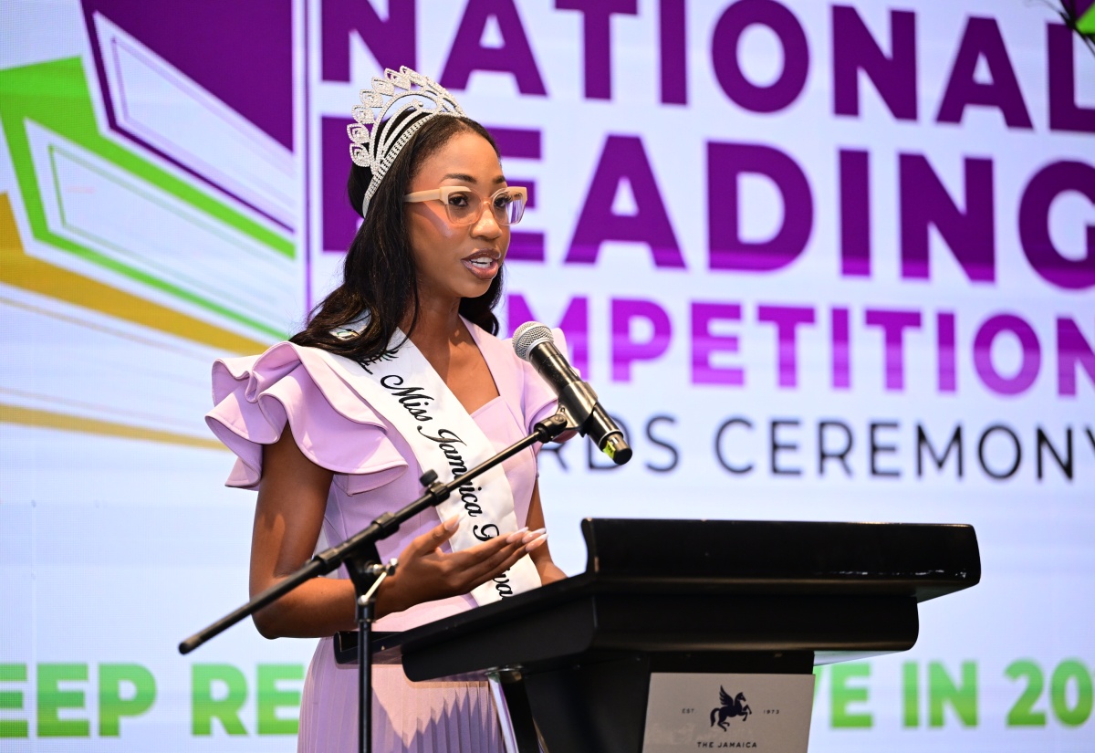 Jamaica Library Service (JLS) Reading Ambassador and Miss Jamaica Festival Queen 2025, Brithney Clarke, addresses the JLS 2025 National Reading Competition Awards Ceremony, held at The Jamaica Pegasus hotel in New Kingston, on Thursday (August 28). 

