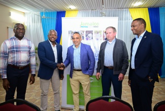 Minister of Labour and Social Security and  Member of Parliament for Clarendon South Eastern, Hon. Pearnel Charles Jr. (second left), shakes hands  with  Managing Director, Jamalco, Marvin Jackson (centre), at Jamalco’s scholarship awards ceremony held on July 30 at the Wembley Centre of Excellence in Hayes, Clarendon. Sharing in the moment (from left) are: Director of Human Resources, Corporate Services and Security, Jamalco, Christopher Buckmaster; Vice President of Operations, Americas, Century Aluminium, Levi Chaffin; and President of the Jamaica Teachers’ Association (JTA), Dr. Mark Smith.