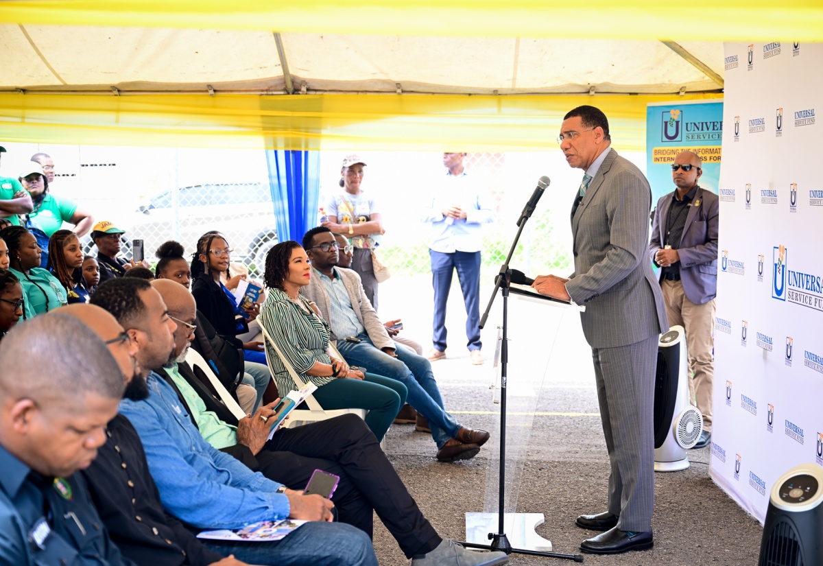 Prime Minister, Dr. the Most Hon. Andrew Holness, addresses Thursday’s (July 31) launch of the Cockburn Gardens community Wi-Fi at Dupont Primary and Infant School in St. Andrew.