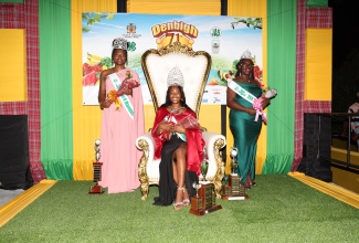 National Farm Queen 2025, Menen Ross (centre), shares a photo moment with first runner-up, Hanover’s Randa Reid (right), and second runner-up, St. Catherine’s Jeneica Tucker. Ms. Ross was crowned during the Denbigh Agricultural, Industrial and Food Show at the Denbigh Showground in May Pen, Clarendon, on August 2.

