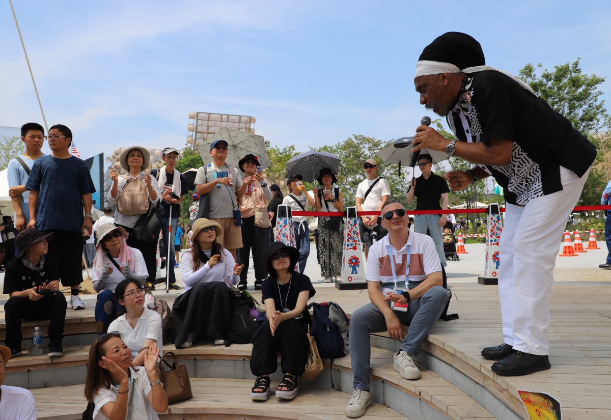 Grammy-nominated poet and recording artiste, Yasus Afari, performs during Day 1 of his two-day poetry session at Expo 2025, Osaka, Kansai, Japan, on Monday, August 4.