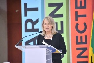 Head of the Delegation of the European Union (EU) to Jamaica, Belize, and The Bahamas, Her Excellency Dr. Erja Askola, speaks at the opening ceremony for the Caribbean Investment Forum (CIF) 2025, recently, at the Montego Bay Convention Centre, in St. James. 

