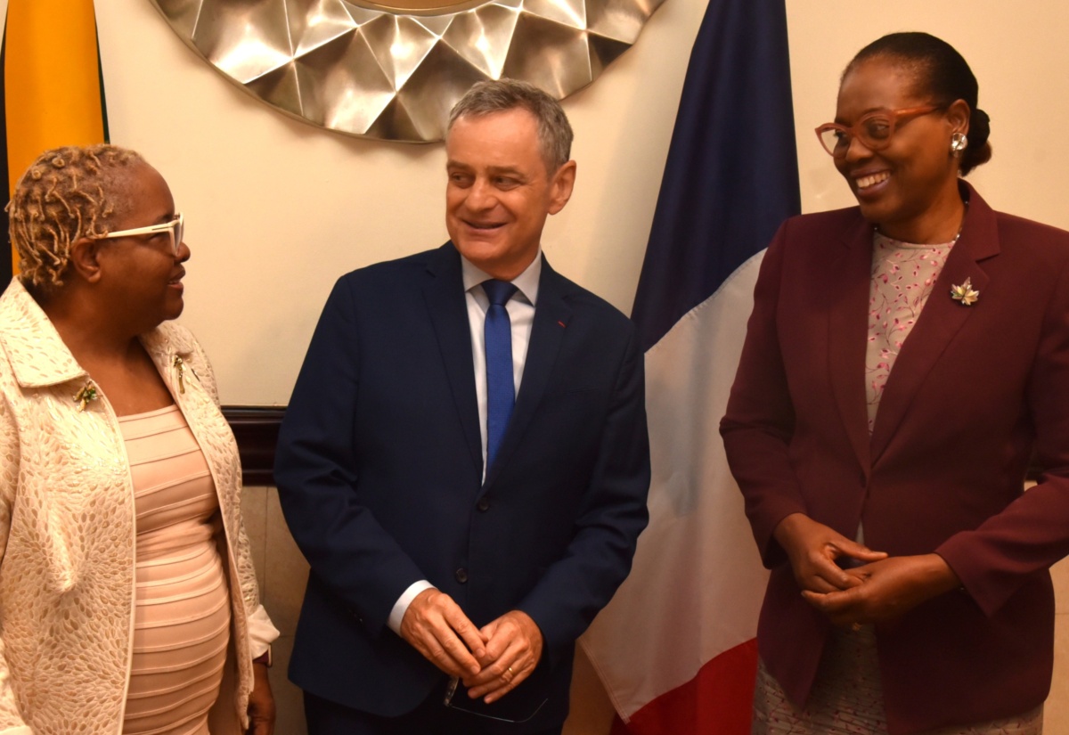 Deputy Chief Education Officer, Core Curriculum and Support Services, Ministry of Education, Skills, Youth and Information, Winnie Berry (left), converses with Ambassador of the French Republic to Jamaica, His Excellency Olivier Guyonvarch (centre), and Permanent Secretary in the Ministry of Foreign Affairs and Foreign Trade, Ambassador Sheila Sealy Monteith. The occasion was a farewell luncheon held in honour of the Ambassador on Wednesday (August 27) at The Jamaica Pegasus hotel in Kingston.