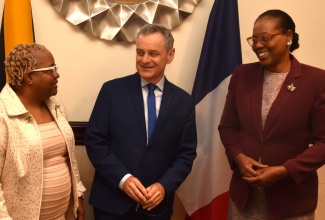 Deputy Chief Education Officer, Core Curriculum and Support Services, Ministry of Education, Skills, Youth and Information, Winnie Berry (left), converses with Ambassador of the French Republic to Jamaica, His Excellency Olivier Guyonvarch (centre), and Permanent Secretary in the Ministry of Foreign Affairs and Foreign Trade, Ambassador Sheila Sealy Monteith. The occasion was a farewell luncheon held in honour of the Ambassador on Wednesday (August 27) at The Jamaica Pegasus hotel in Kingston.


