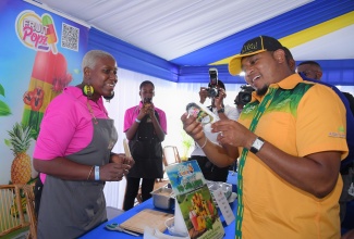 Minister of Agriculture, Fisheries and Mining, Hon. Floyd Green (right), looks at a product on offer at the Fruit Blossoms booth, while entrepreneur Kadeen Harvey looks on. Minister Green was on a tour of booths at the 71st staging of the Denbigh Agricultural, Industrial and Food Show in May Pen, Clarendon on Saturday (Aug. 2).