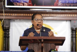 Custos of St. Catherine, Hon. Icylin M. Golding, emphasises a point while addressing yesterday’s (August 17) Jamaica Teachers’ Association (JTA) Annual Church Service, held at the Phillippo Baptist Church in Spanish Town, St. Catherine.