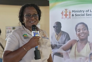 Director of Social Security in the Ministry of Labour and Social Security, Suzette Morris, speaks with JIS News at the first Solidarity Live Community Engagement session at the Port Maria Anglican Church Hall in St. Mary, on August 21.

