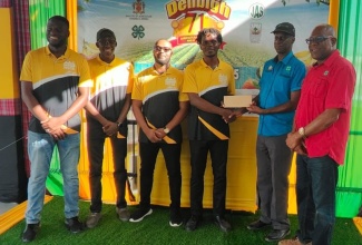 Developers of the ‘AgriConnect’ mobile application accept their $40,000 cash prize from Chairman of the National Youth in Agriculture Committee, Joseph Small (right), and Director of Field Services at the Jamaica 4-H Clubs, Garfield Ewart (second right), after being named winners of the 2025 National Youth in Agriculture competition in the mobile app category. The award was presented during the 71st Denbigh Agricultural, Industrial and Food Show, held in May Pen, Clarendon, in August. The winning team comprises (from left) Livingston Mitchell, Ackeem Messam, Davado Evans, and Khrisean Stewart—all students of the Amber HEART Academy in Stony Hill, St Andrew, where they are pursuing studies in Mobile App Development.
