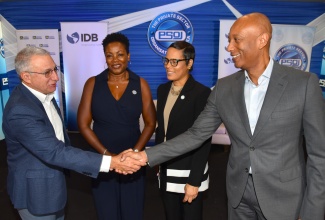 Managing Director, Development Bank of Jamaica (DBJ), Dr. David Lowe (right), greets Private Sector Organisation of Jamaica (PSOJ) President, Metry Seaga, during the PSOJ/Inter-American Development Bank (IDB) Empower JA Forum at The Jamaica Pegasus hotel in New Kingston on Thursday (September 11). Looking on are PSOJ Executive Director, Sacha Vaccianna-Riley (second left), and Deputy Managing Director, Jamaica National (JN) Bank, Gillian Hyde.