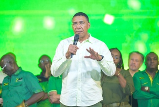 Prime Minister, Dr. the Most Hon. Andrew Holness, addresses the audience at the Jamaica Labour Party’s (JLP) headquarters on Belmont Road in Kingston, following Wednesday’s (September 3) General Election.