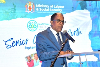 State Minister in the Ministry of Labour and Social Security, Dr. the Hon. Norman Dunn, delivers the keynote address during the launch of Senior Citizens Month on Friday (August 29), at The Jamaica Pegasus hotel in New Kingston. The 2025 observance is being celebrated under the theme ‘Respect, Protect, Empower and Connect’.

