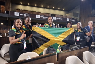 Jamaica’s Delegation at the 47th session of the World Heritage Committee. Present are (from left) Manager of the Heritage Preservation and Planning Unit in the Archaeology Division at the Jamaica National Heritage Trust (JNHT), Jasinth Simpson; Senior Research Officer at JNHT, Georgia Rookwood; Chief Technical Director of Archaeology at the JNHT, Selvenious Walters; Director of World Heritage and Cultural Conventions, Ministry of Culture, Gender, Entertainment and Sport (MCGES), Debra Kay Palmer, and Director of the Natural History Museum of Jamaica (IOJ), Tracy Commock.
 
