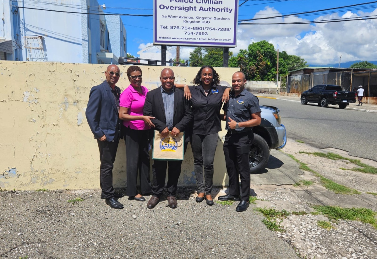 The Police Civilian Oversight Authority (PCOA) Team with Pon di Corner Citizen Podcast guest, Assistant Commissioner of Police (ACP), Desmond Brooks (centre), of the Inspectorate and Professional Standards Oversight Bureau (IPSOB). The PCOA Team (from left) are: Senior Director, Inspections and Monitoring, Andrew Beaumont; Communications and PR Manager, Karen Cadien; PCOA Chief Executive Officer, Otarah Byfield Nugent; and Legal Counsel, Sheldon Clarke.