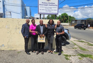 The Police Civilian Oversight Authority (PCOA) Team with Pon di Corner Citizen Podcast guest, Assistant Commissioner of Police (ACP), Desmond Brooks (centre), of the Inspectorate and Professional Standards Oversight Bureau (IPSOB). The PCOA Team (from left) are: Senior Director, Inspections and Monitoring, Andrew Beaumont; Communications and PR Manager, Karen Cadien; PCOA Chief Executive Officer, Otarah Byfield Nugent; and Legal Counsel, Sheldon Clarke.