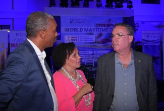 Minister of Transport, Telecommunications and Energy, Hon. Daryl Vaz (right), in discussion with Director General of the Marine Authority of Jamaica, Bertrand Smith; and Chair of the Marine Authority of Jamaica, Corah Ann Robertson Sylvester, at the Maritime Authority of Jamaica’s Illuminating Ceremony and Cocktail Reception in recognition of World Maritime Day, on Thursday (September 25), at the  Ministry of Foreign Affairs and Foreign Trade, in downtown Kingston.