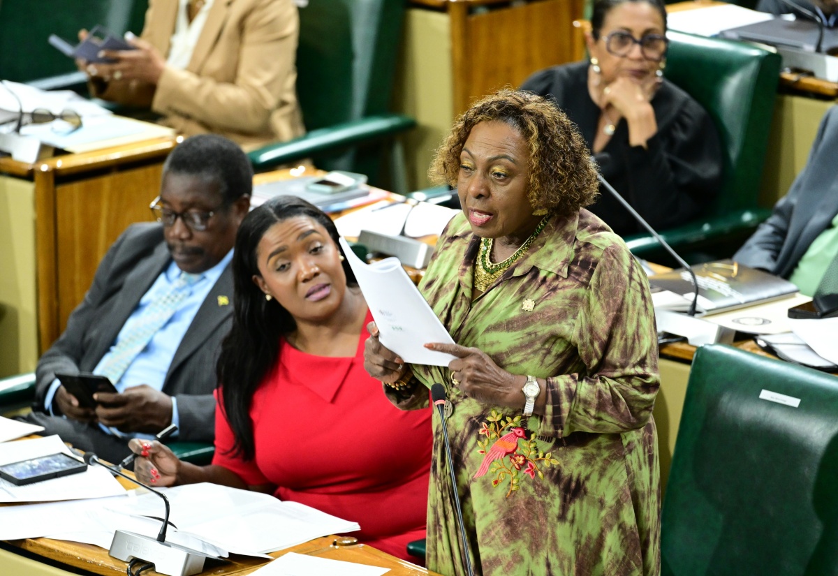 Minister of Culture, Gender, Entertainment and Sport, Hon. Olivia Grange, addresses the House of Representatives on October 7. With the Minister (from left) are Minister without Portfolio in the Ministry of Economic Growth and Infrastructure Development with responsibility for Land Titling and Settlements, Hon. Robert Montague, and Minister of State in the Ministry of Culture, Gender, Entertainment and Sport, Hon. Kerensia Morrison.