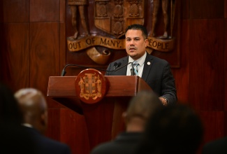 Minister of Water, Environment and Climate Change, Hon. Matthew Samuda, addresses today (October 22) special press briefing on preparations for Tropical Storm Melissa at the Office of the Prime Minister (OPM).

