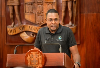 Minister without Portfolio in the Ministry of Economic Growth and Infrastructure Development, with responsibility for Works, Hon. Robert Morgan, addresses today’s (October 22) Special Press Briefing on the Preparation for Tropical Storm Melissa, at Jamaica House.

