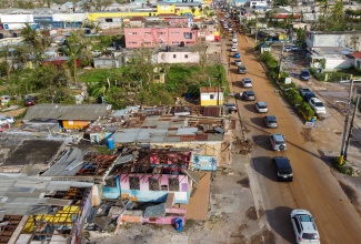 Aerial view of Santa Cruz, St. Elizabeth, showing motorists navigating through the parish, which sustained extensive damage following the passage of Category 5 Hurricane Melissa.