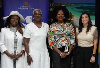 Spanish Education Officer, Ramonia Smith Hamilton, representing Minister of Education, Skills, Youth and Information, Senator Dr. the Hon. Dana Morris Dixon (third left), shares a photo opportunity with stakeholders during the opening ceremony for the Colombian Spanish Course for Public Servants, held on Friday (October 10), at the Ministry’s Heroes Circle offices in Kingston. Sharing the moment (from left) are Senior Education Officer - Foreign Languages, Dr. Martha Corbett-Baugh; Ambassador of the Republic of Colombia to Jamaica, Her Excellency Emiliana Bernard Stephenson; and Professor at Pontifical Bolivarian University, Maria Teresa Espinosa.