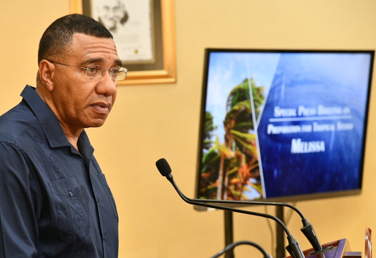 Prime Minister, Dr. the Most Hon. Andrew Holness, addressing a press briefing on preparations for Tropical Storm Melissa at Jamaica House on Saturday (Oct. 25).