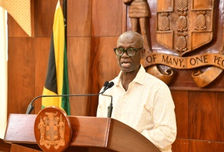 Minister of Local Government and Community Development, Hon. Desmond McKenzie, provides an update on post-Hurricane Melissa emergency shelter occupancy during a media briefing at Jamaica House on Thursday (October 30).