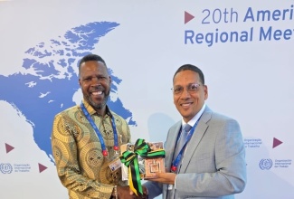Minister of State in the Ministry of Labour and Social Security, Hon. Donovan Williams (right), presents a token of appreciation on behalf of the Jamaican delegation, to Dr. Joni Musabayana, Director of the International Labour Organization (ILO) Decent Work Agenda in the Caribbean. Occasion was the 20th ILO American Region Meeting, held in Punta Cana, Dominican Republic, recently.

