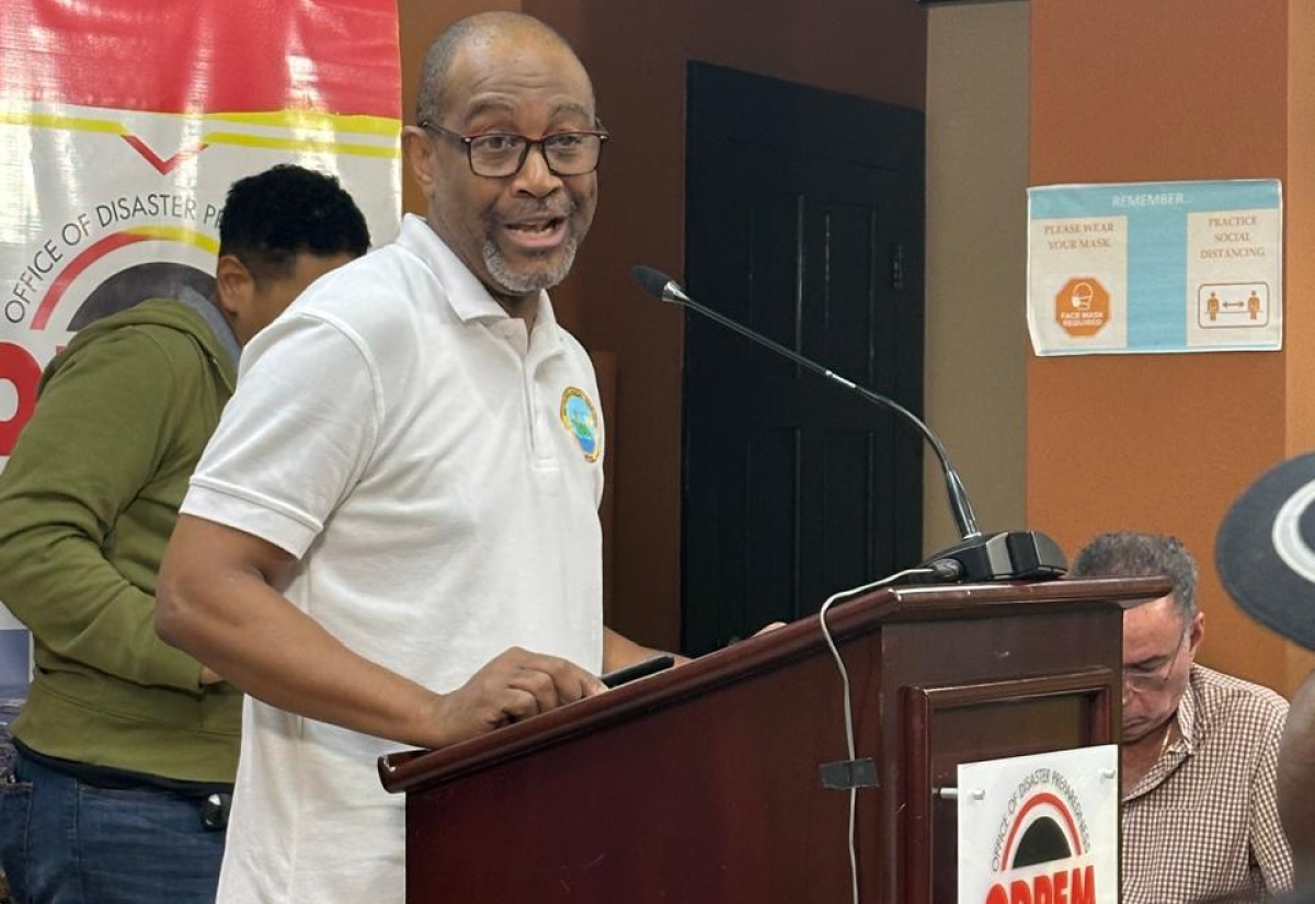 Principal Director, Meteorological Services Branch in the Ministry of Water, Environment and Climate Change, Evan Thompson, speaks at a press briefing at the National Emergency Operation Centre (NEOC), located at the Office of Disaster Preparedness and Emergency Management (ODPEM) Headquarters on Haining Road in Kingston, today (October 27).