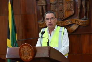 Energy, Transport and Telecommunications Minister,  Hon. Daryl Vaz, addresses Friday's (October 31) special press conference on Hurricane Melissa recovery activities at Jamaica House.