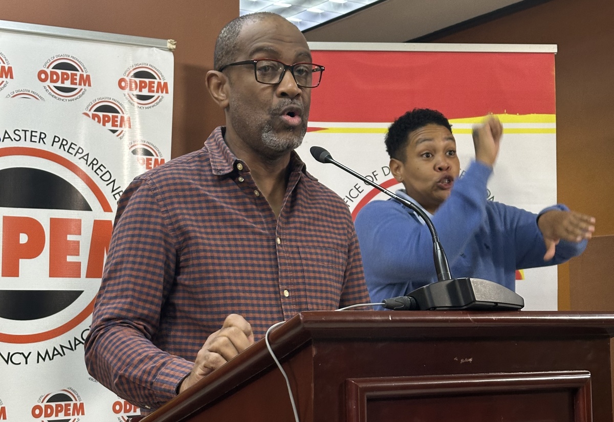 Principal Director of the Meteorological Services Branch in the Ministry of Water, Environment and Climate Change, Evan Thompson, speaks during Tuesday’s (October 28) press briefing at the National Emergency Operations Centre (NEOC), located at the Office of Disaster Preparedness and Emergency Management (ODPEM) Headquarters on Haining Road in Kingston.