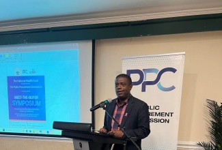 Chief Executive Officer, National Health Fund (NHF), Everton Anderson, gives the welcome address at the ‘Meet-The-Buyer’ Symposium co-hosted by the Public Procurement Commission (PPC) and NHF on Tuesday, October 14, at the Courtleigh Hotel and Suites.