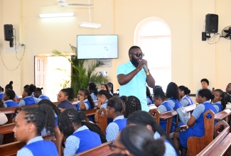 Mental Health Officer, Odean Forbes, addresses students and faculty members of the Bethlehem Moravian College in Malvern, St. Elizabeth, on Tuesday, October 7 as part of activities for Mental Health Week, being observed from October 6 to 10. 