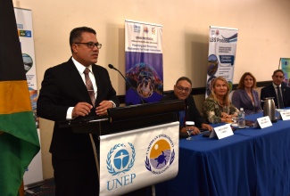 Minister of Water, Environment and Climate Change, Hon. Matthew Samuda (left), delivers remarks during the opening ceremony for the United Nations Environment Programme (UNEP) 18th Meeting of the Contracting Parties (COP18) for the Cartagena Convention, held at The Jamaica Pegasus hotel in New Kingston on Monday (October 13). Listening (from second left) are Coordinator, Cartagena Convention Secretariat, Christopher Corbin; European Union (EU) Ambassador to Jamaica, Her Excellency Dr. Erja Askola; Ambassador-Designate of France in Jamaica, Her Excellency Marianne Ziss; and UNEP Head Regional Seas Branch, Alberto Pacheco.

