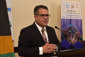 Minister of Water, Environment and Climate Change, Hon. Matthew Samuda, addresses the opening ceremony for the United Nations Environment Programme (UNEP) Eighteenth Meeting of the Contracting Parties (COP18) for the Cartagena Convention, held at The Jamaica Pegasus hotel in New Kingston, on Monday (October 13).

