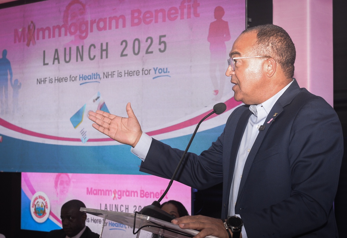 Minister of Health and Wellness, Dr. the Hon. Christopher Tufton, addresses the National Health Fund (NHF) Mammogram Benefit Launch on Wednesday (October 22) at the Spanish Court Hotel in New Kingston. The Fund has added mammogram coverage to its NHFCard, strengthening its commitment to enhancing women’s access to preventive healthcare.

