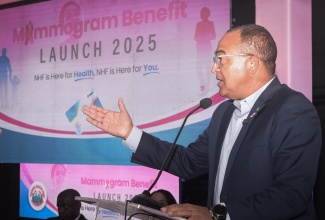 Minister of Health and Wellness, Dr. the Hon. Christopher Tufton, addresses the National Health Fund (NHF) Mammogram Benefit Launch on Wednesday (October 22) at the Spanish Court Hotel in New Kingston. The Fund has added mammogram coverage to its NHFCard, strengthening its commitment to enhancing women’s access to preventive healthcare.