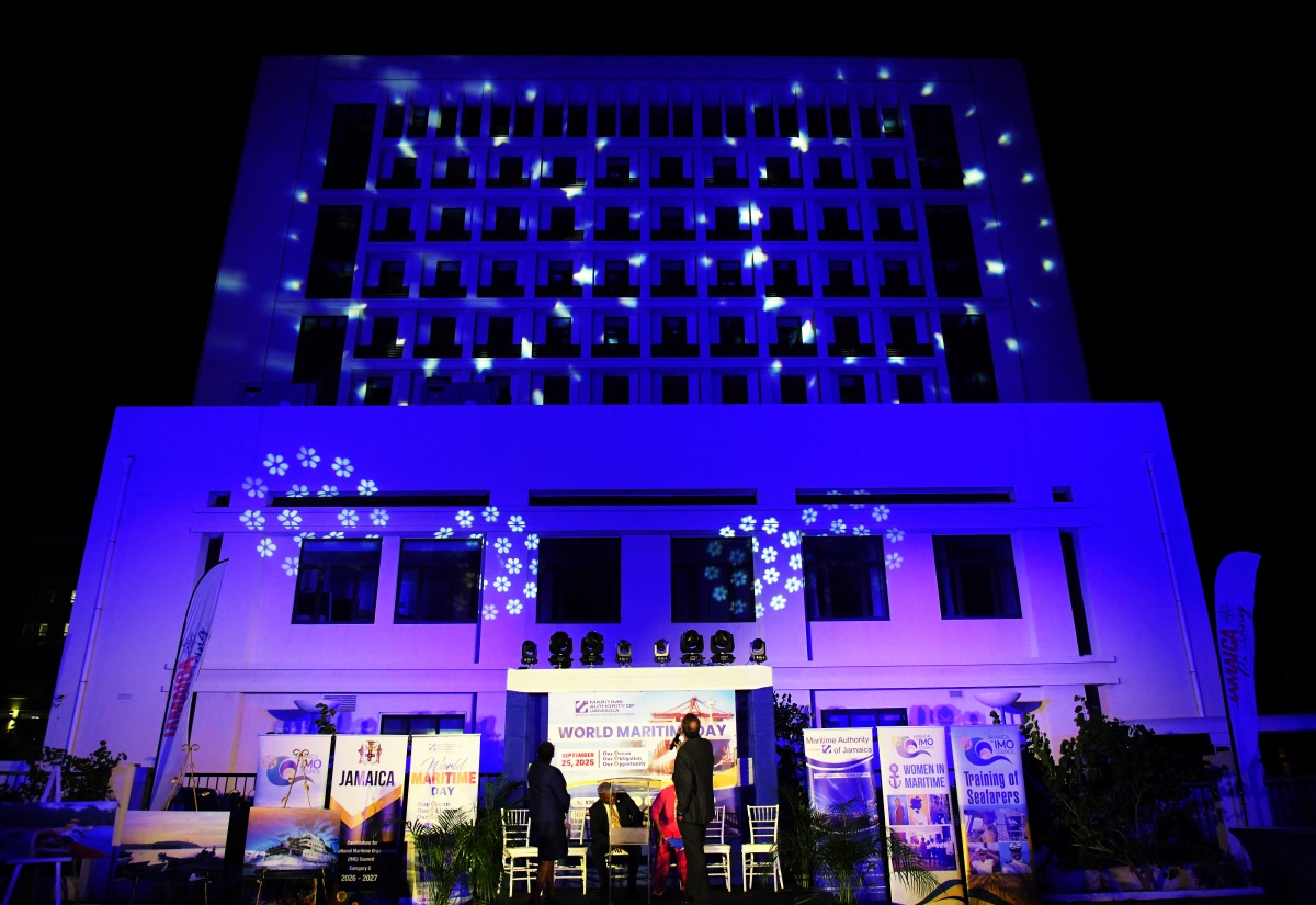 The offices of the Ministry of Foreign Affairs and Foreign Trade (MFAFT), in downtown Kingston, which were illuminated in blue in solidarity with similar activities taking place across the world at the request of the International Maritime Organisation to signify the opportunities to be derived from preservation of the world’s oceans.

