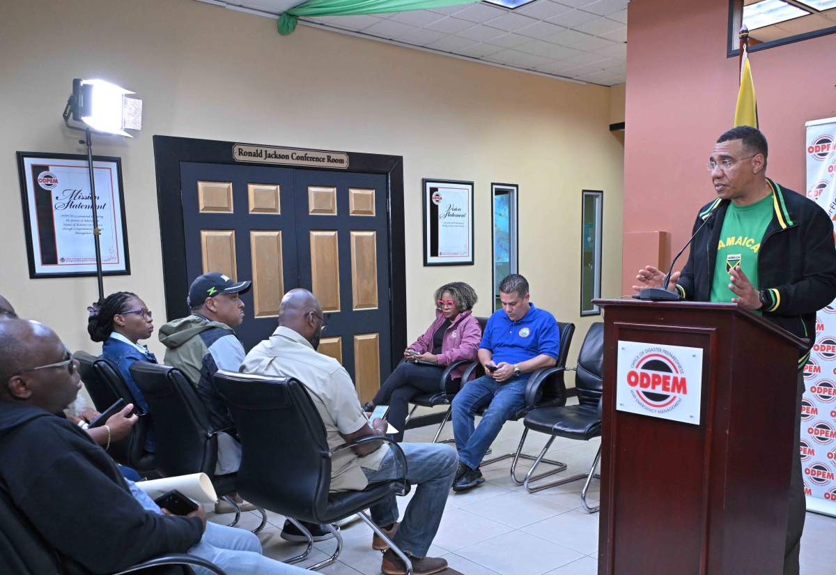 Prime Minister, Dr. the Most Hon. Andrew Holness, addressing a press briefing at the National Emergency Operations Centre (NEOC) located at the Office of Disaster Preparedness and Emergency Management (ODPEM) in Kingston on October  27.