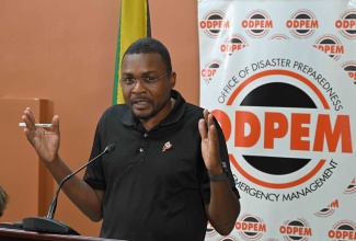 Minister without Portfolio in the Ministry of Economic Growth and Infrastructure Development with Responsibility for Works, Hon. Robert Morgan, provides an update from the National Emergency Operations Centre (NEOC) on mitigation works undertaken by the National Works Agency (NWA) ahead of Hurricane Melissa’s projected landfall, during a media briefing held at the Office of Disaster Preparedness and Emergency Management (ODPEM) in Kingston on Monday (October 27).