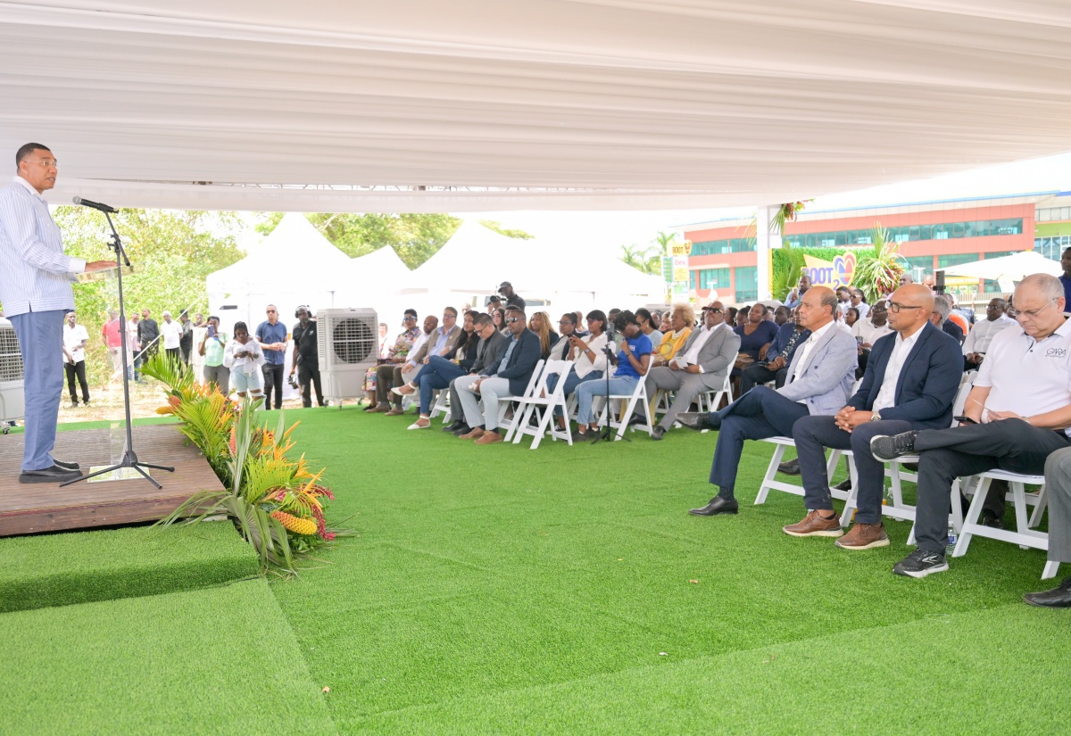 Prime Minister, Dr. the Most Hon. Andrew Holness, addresses the groundbreaking ceremony for a 68,000 square foot three-story Boot 2 commercial complex in Drax Hall, St. Ann, on Friday, October 10.