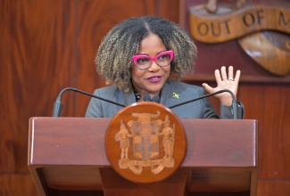 Minister of Education, Skills, Youth and Information, Senator Dr. the Hon. Dana Morris Dixon, addresses Wednesday’s (October 1) Post Cabinet Press Briefing at Jamaica House.

