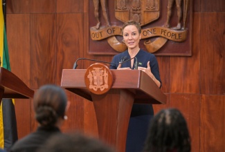 Minister of Foreign Affairs and Foreign Trade, Senator the Hon. Kamina Johnson Smith, addresses Wednesday’s (October 1) Post Cabinet Press Briefing at Jamaica House.