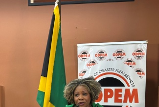 Minister of Education, Skills, Youth and Information, Senator Dr. the Hon. Dana Morris Dixon, addresses a press briefing at the National Emergency Operations Centre (NEOC) at the Office of Disaster Preparedness and Emergency Management (ODPEM) in Kingston, on October 28.