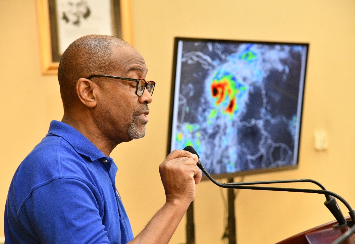 Principal Director of the Meteorological Service of Jamaica (Met Service), Evan Thompson, provides an update on Hurricane Melissa during a special press briefing at Jamaica House on Saturday (Oct. 25).
