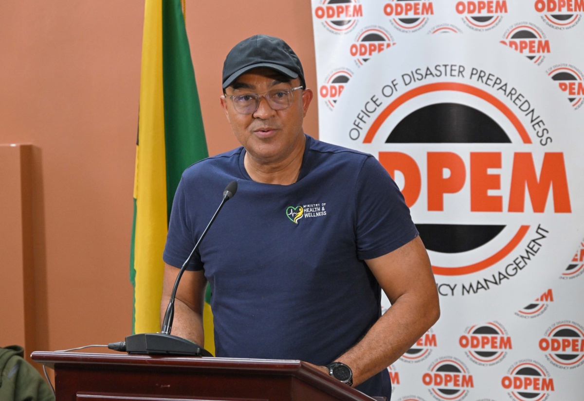 Minister of Health and Wellness, Dr. the Hon. Christopher Tufton, addressing a press briefing at the National Emergency Operations Centre (NEOC) at the Office of Disaster Preparedness and Emergency Management (ODPEM) in Kingston on Monday (October 27).