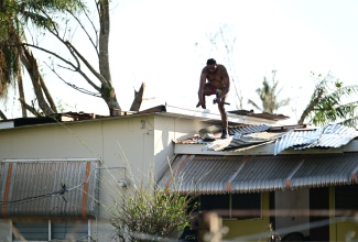 A resident in Black River, St. Elizabeth, repairs his roof in the aftermath of Hurricane Melissa.


