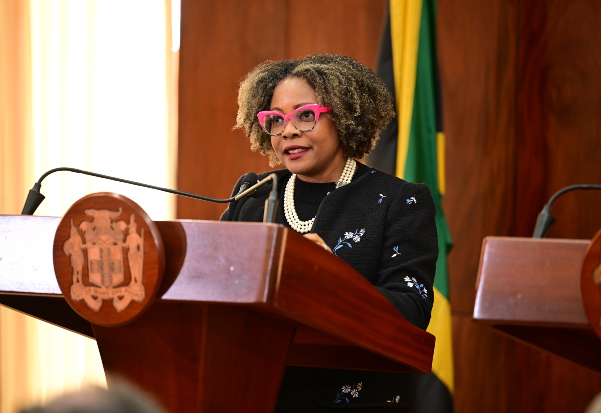 Minister of Education, Skills, Youth and Information, Senator Dr. the Hon. Dana Morris Dixon, addresses a special press briefing on Hurricane Melissa recovery at Jamaica House in Kingston on Monday (November 3).

