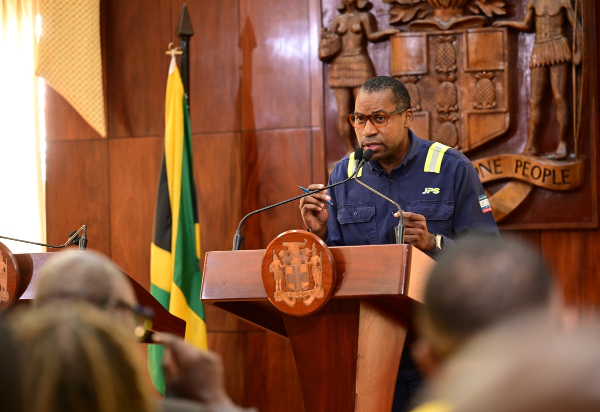 Jamaica Public Service Company (JPS) President and Chief Executive Officer, Hugh Grant, addresses Monday’s (November 3) press briefing on Hurricane Melissa recovery activities at Jamaica House.