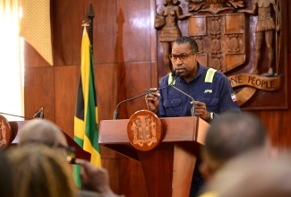 Jamaica Public Service Company (JPS) President and Chief Executive Officer, Hugh Grant, addresses Monday’s (November 3) press briefing on Hurricane Melissa recovery activities at Jamaica House.